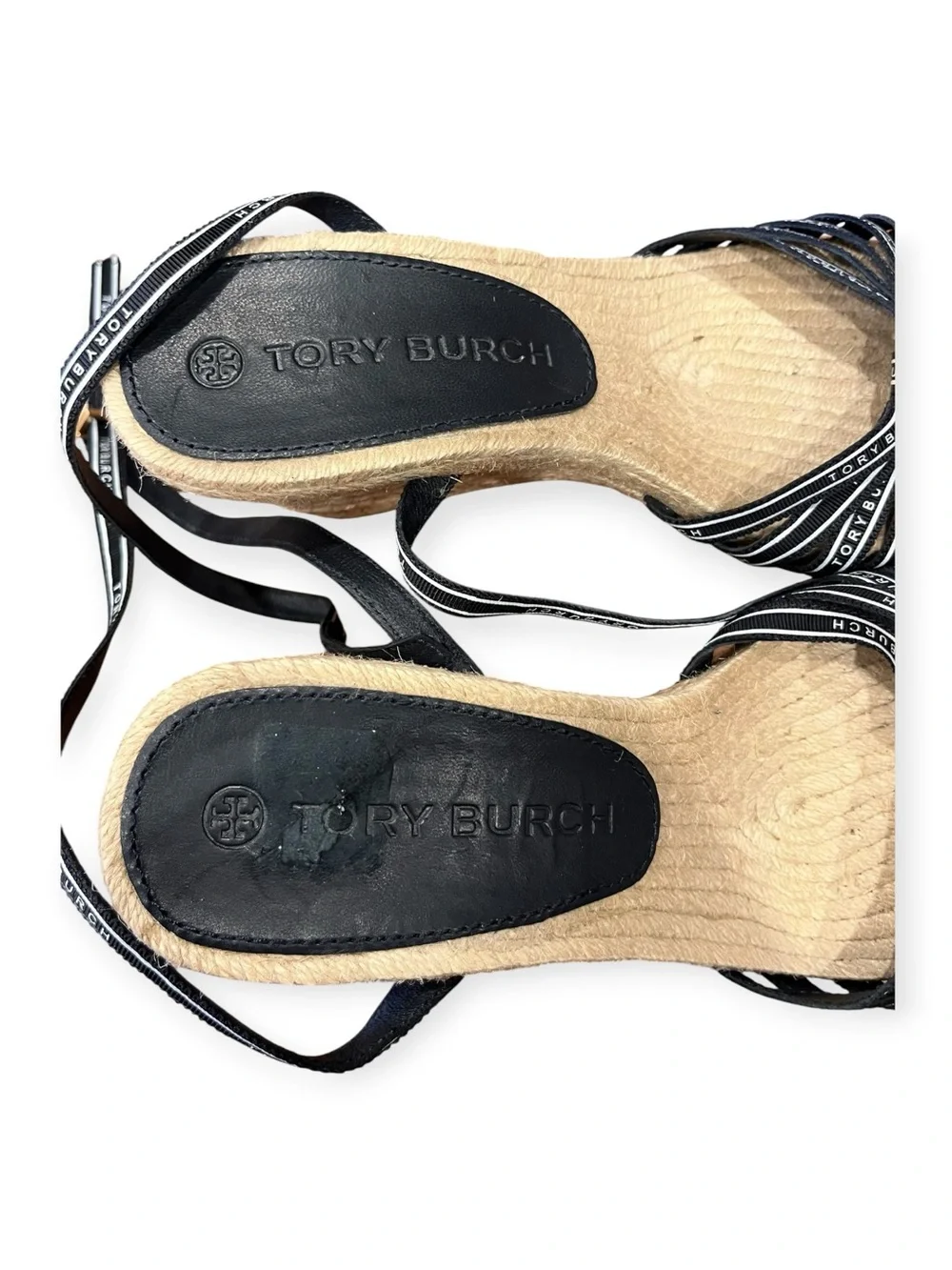 TORY BURCH Perfect Navy/New Ivory Ribbon Wedge Espadrilles